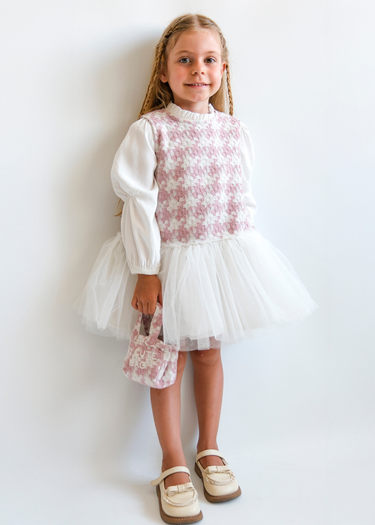 Set Sarafan Stofa Roz cu Tull, Camasa Alba si Poseta 3768 Mino Baby