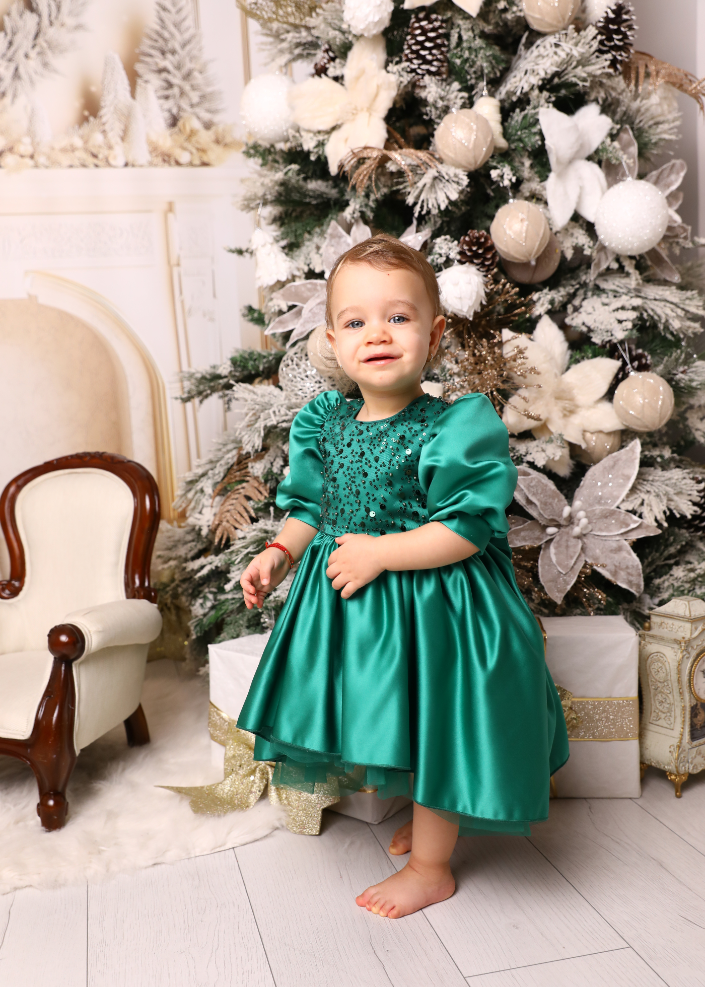 Elegant Olivia Green Dress with Train and Bow AnneBebe