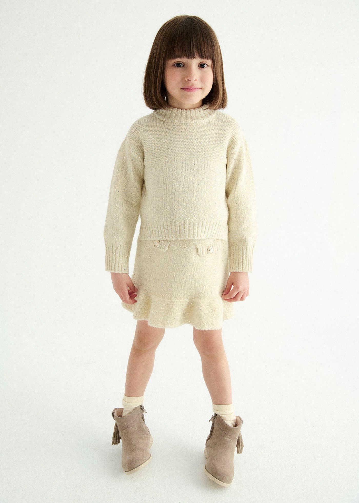 Set Fete Tricotat Bej Cu Paiete Fusta Si Bluza 5543 Abel & Lula