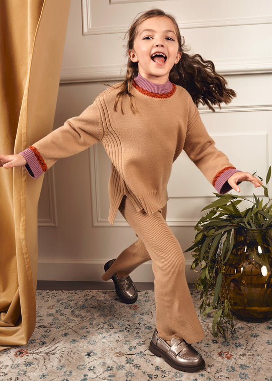 Set 2 Piese Fete Tricotat Camel Bluză Și Pantaloni Lungi Evazați 5732 Abel & Lula