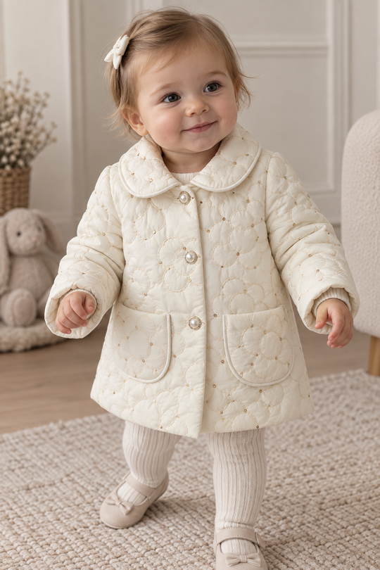 Palton Matlasat Crem Broderie Floricele Si Paiete Aurii AnneBebe