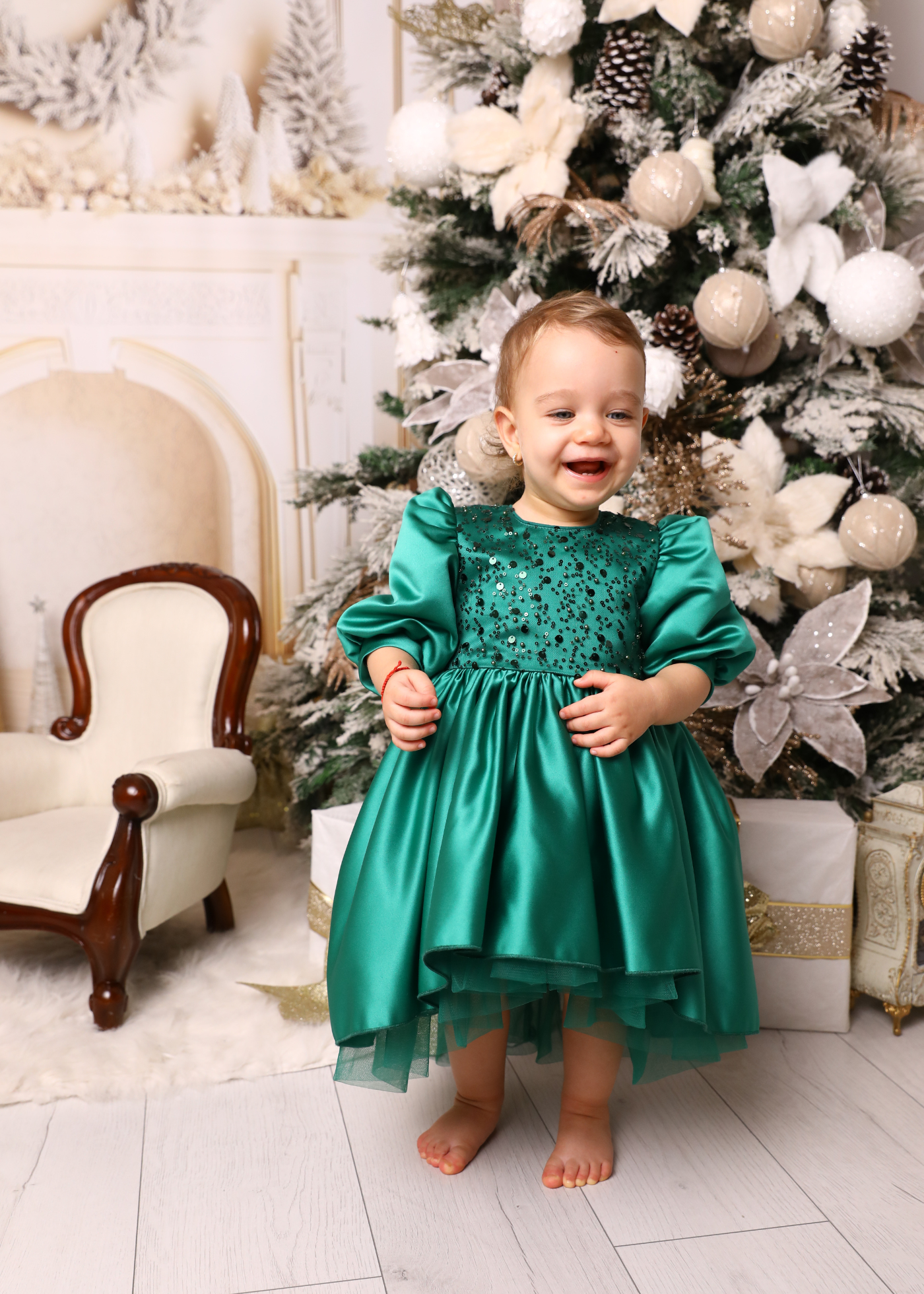 Elegant Olivia Green Dress with Train and Bow AnneBebe