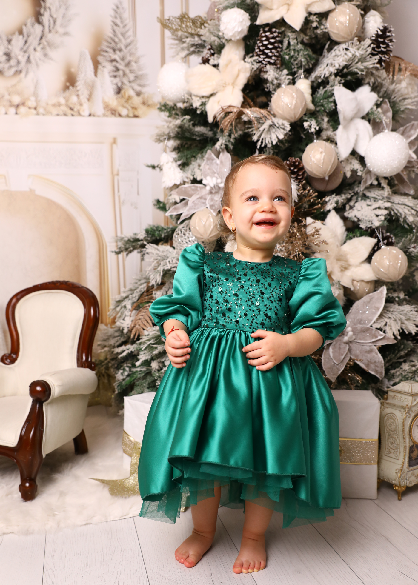 Elegant Olivia Green Dress with Train and Bow AnneBebe