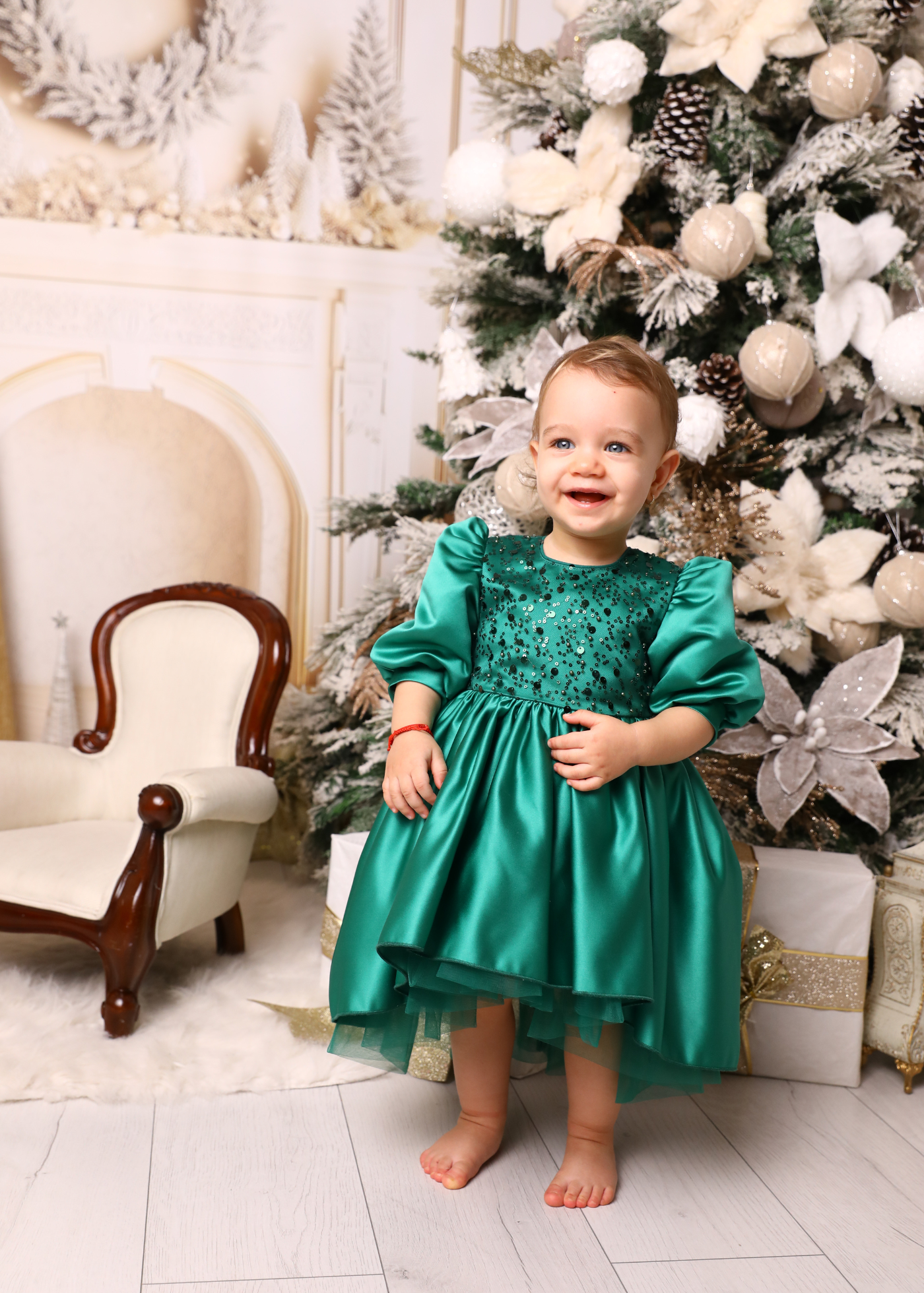 Elegant Olivia Green Dress with Train and Bow AnneBebe