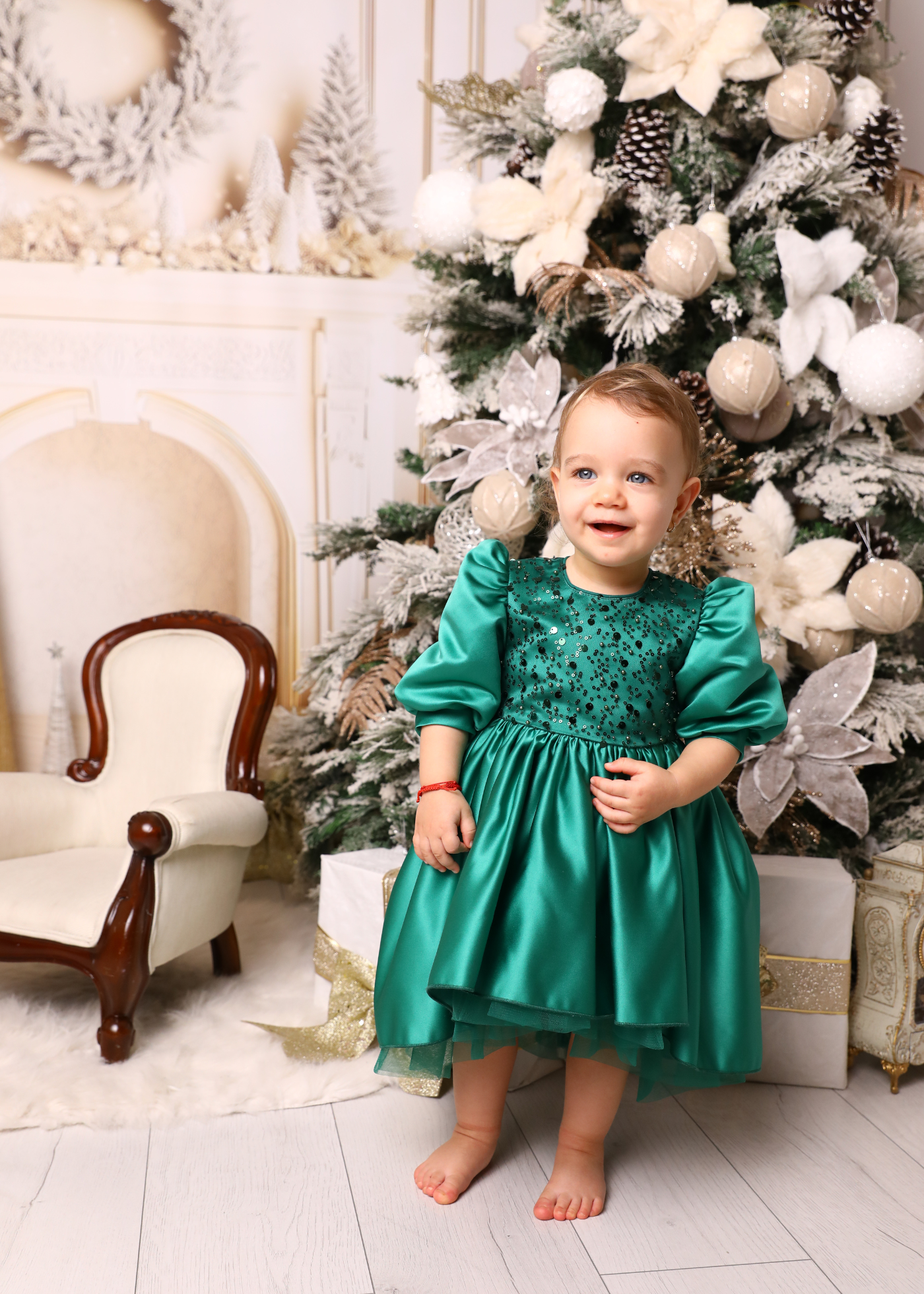 Elegant Olivia Green Dress with Train and Bow AnneBebe