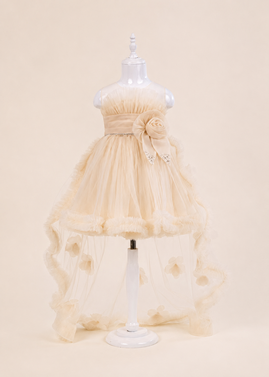 Rochie Ceremonie Tulle Bej Auriu cu Cordon Saten in Talie 3190 Mon Princess