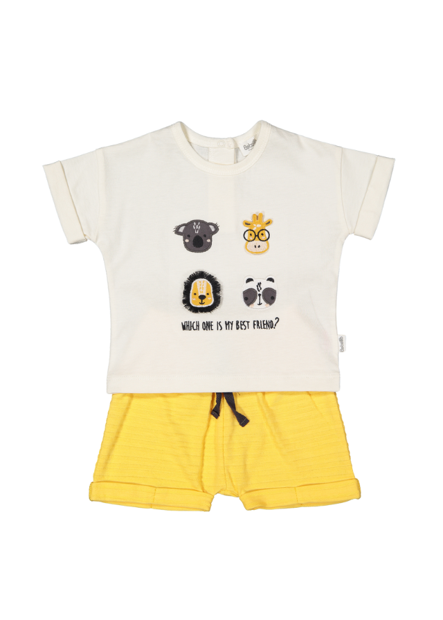 Set 2 Piese Tricou Crem cu Animale si Pantaloni Scurti Galbeni Bobby and Me K4702 Bebetto