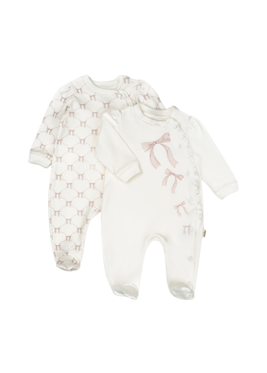 Set 2 Salopete Lungi Bumbac Organic Crem cu Imprimeu Funde Roz Pudra CSY8148 Baby Cosy