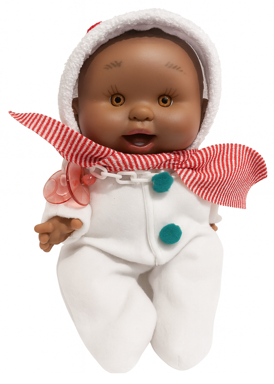 Papusa Parfumata Baietel Negru Xmas cu Salopeta cu Gluga Alba si Fular in Dungi Alb-Rosu - 26 cm - 0489 - Nines