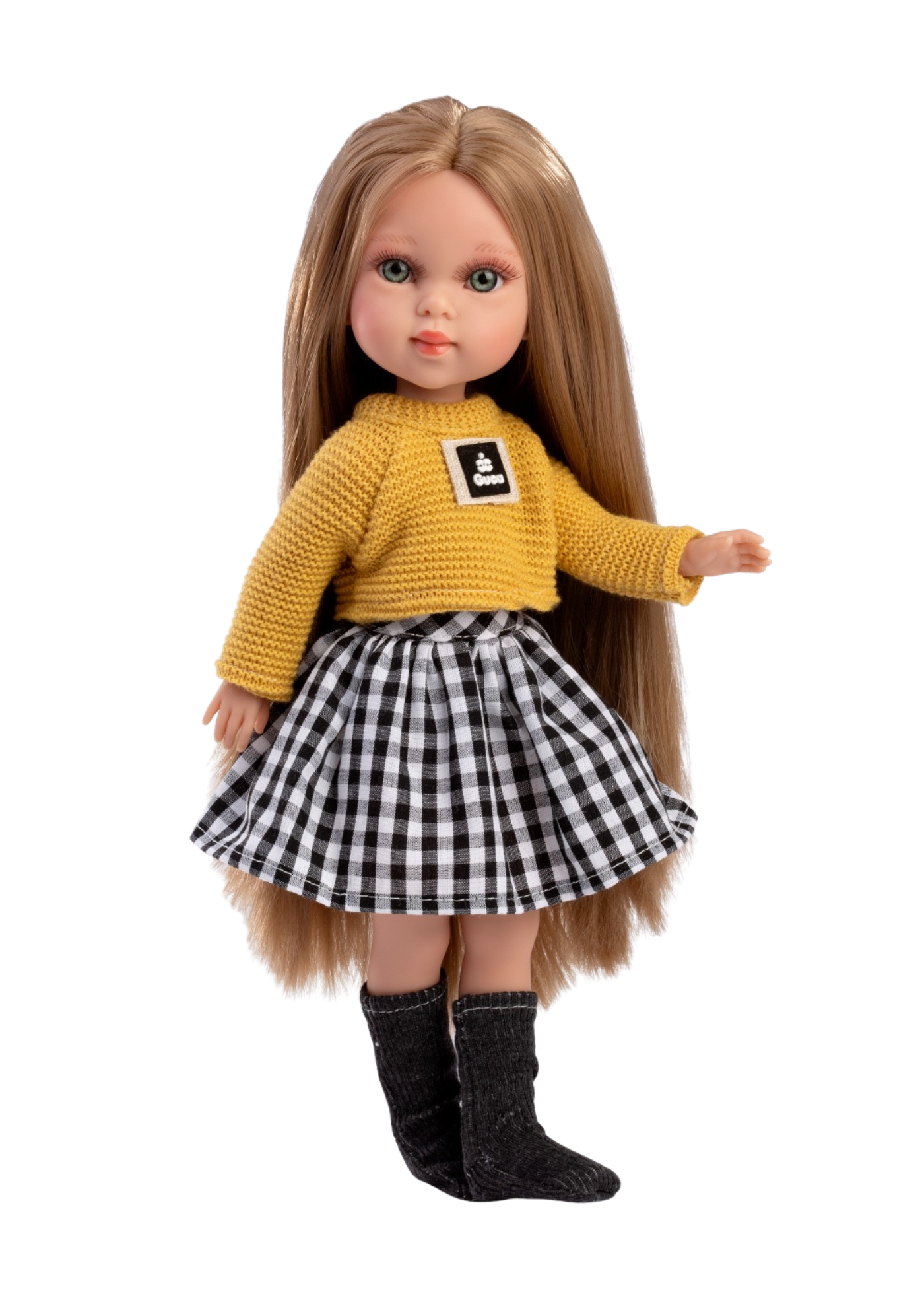 Papusa Mimi 33 cm, Par Saten, Corp Textil cu Rochita Alba Imprimeu FloriceleBleu 968 Guca Munecas