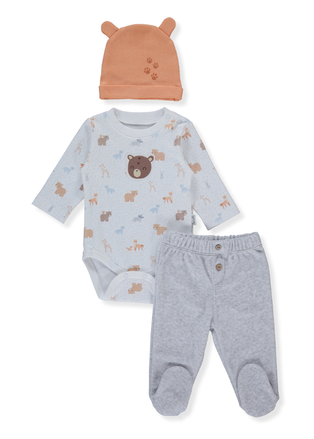 Set 3 Piese Body din Bumbac Gri cu Ursi Pantaloni Gri Velur si Fes cu Urechiuse Mothers’s Son T3605 Bebetto