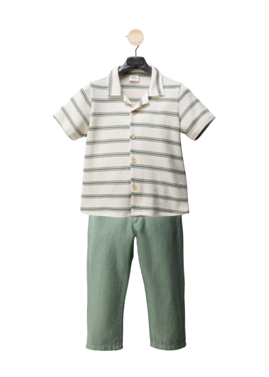 2 Piece Set Cream Shirt with Green Stripes Short Sleeve and Green Long Pants M54189 Midimod Gold
