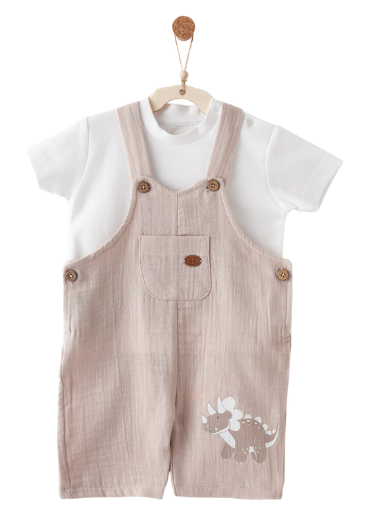 Set of 2 White T-shirt and Beige Muslin Short Overalls AC26736 Andywawa