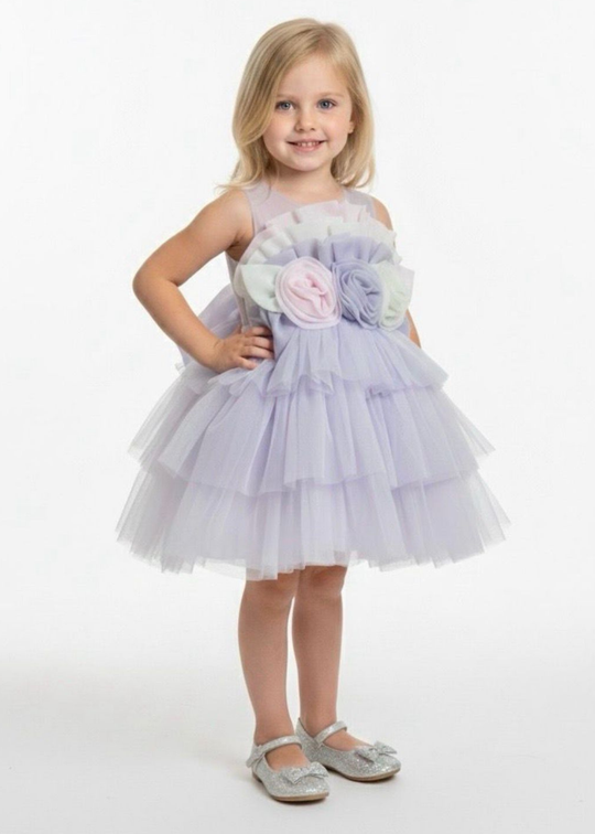 Lilac tulle sleeveless dress with multicolored 3D flowers applied at the waist and ruffles on the bust art 3186 Mon Princess