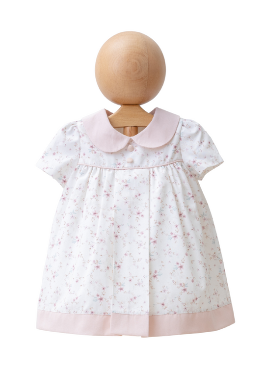 Rochie Ivory cu Maneca Scurta cu Imprimeu Flori Mici si Guler Rotund Roz Pudra 4306 MyMio