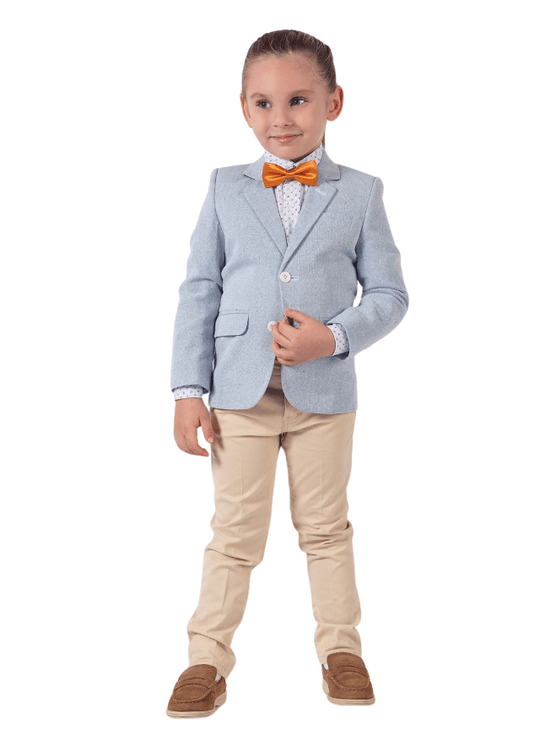 3 Piece Set, Blue Jacket, White Shirt with Navy Print and Beige Pants 9814 Lemon