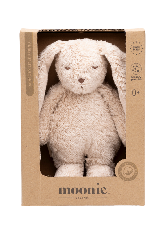 Jucarie Senzoriala din Bumbac Organic Iepuras Bej SENSORY LITTLE BUNNY SAND  Moonie