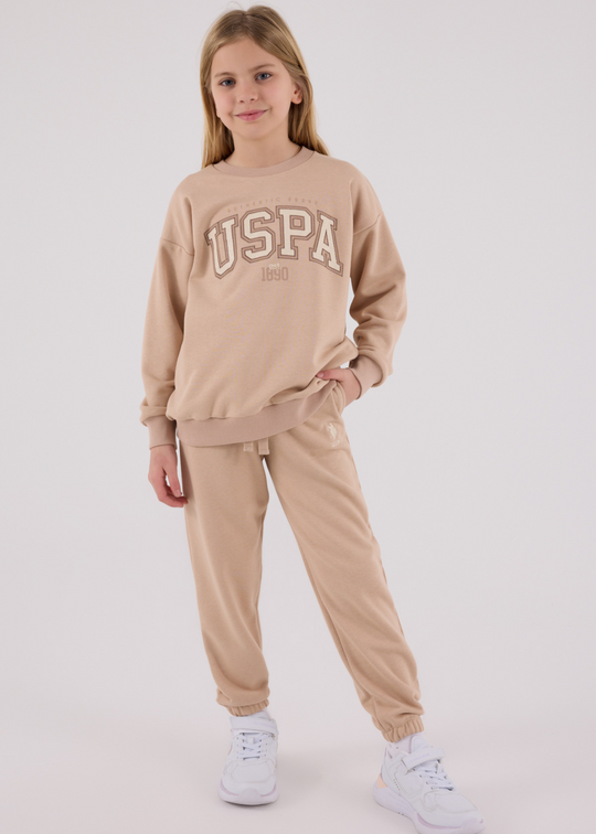 Trening 2 Piese Bej Bluza Sport cu Logo si Pantaloni Lungi US2312-4 Us Polo Assn