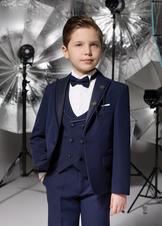Costum Ceremonie Bleumarin cu Rever din Saten 20363 Little Gentleman