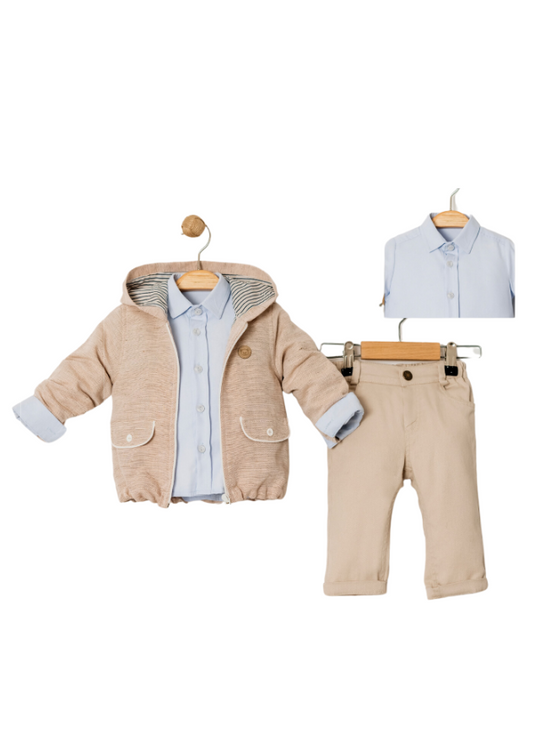 3 Piece Set Beige Jacket with Hood Blue Shirt and Green Pants 15026 Bebus