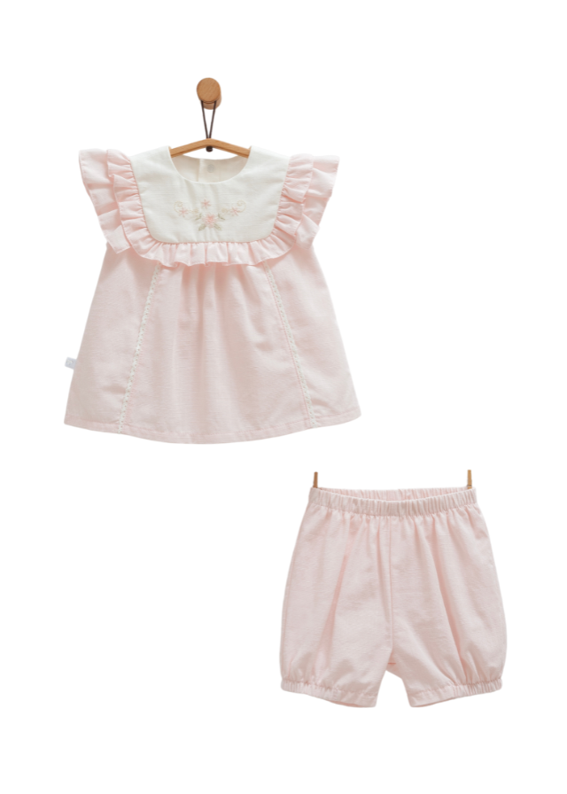 Set 2 Piese Roz Top cu Volan si Broderie pe Bust si Pantaloni Scurti Serenity Girl TKK1742 Mell Sweet Baby