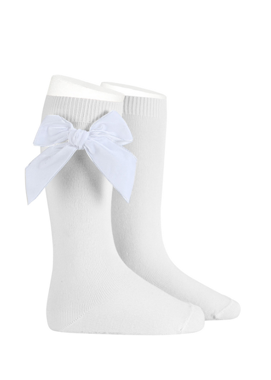 White Cotton and Nylon Long Socks with Velvet Bow 24892 Condor