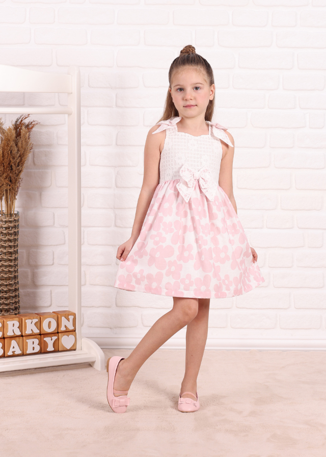 Rochie Bust Dantela Ivory si Fusta Flori Roz 802 Connie Baby
