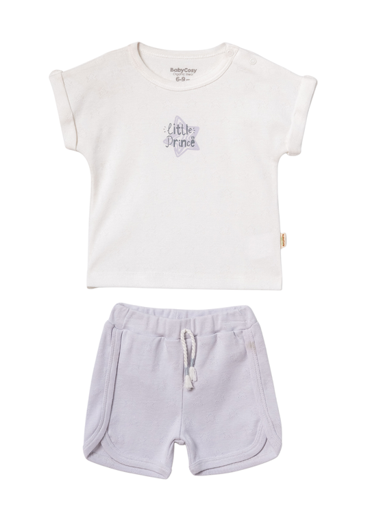 Set 2 Piese din Bumbac Organic Tricou Crem cu Stea si Pantaloni Scurti Gri CSYR4524 Baby Cosy
