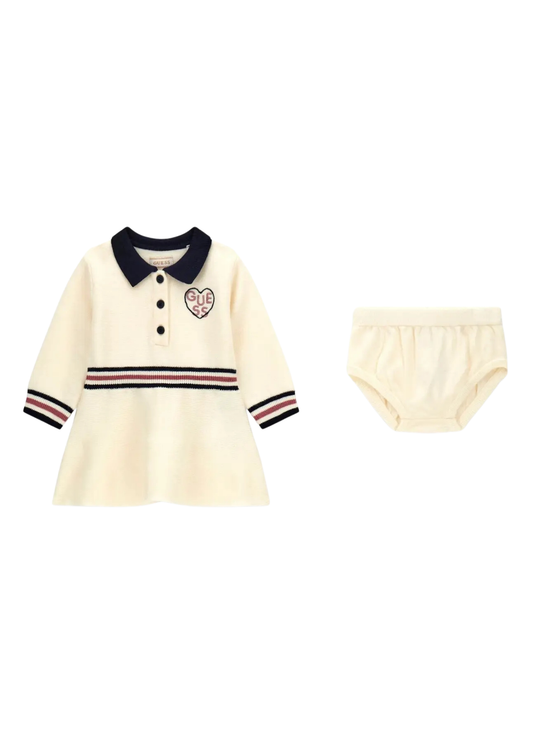 Set 2 Piese Tricotat Rochie cu Maneca Lunga si Chilot Crem pentru Fetite S6YG11 – Guess