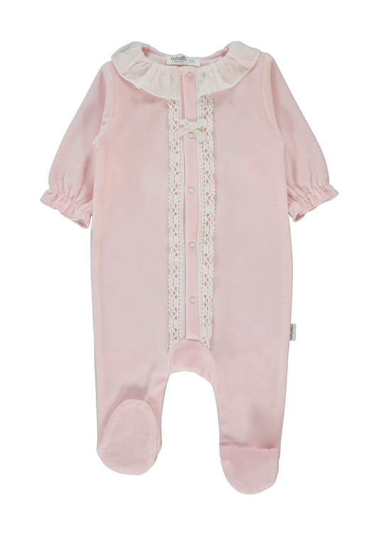 Salopeta Lunga Velur Roz cu Volan la Guler si Dantela K5089 Bebetto