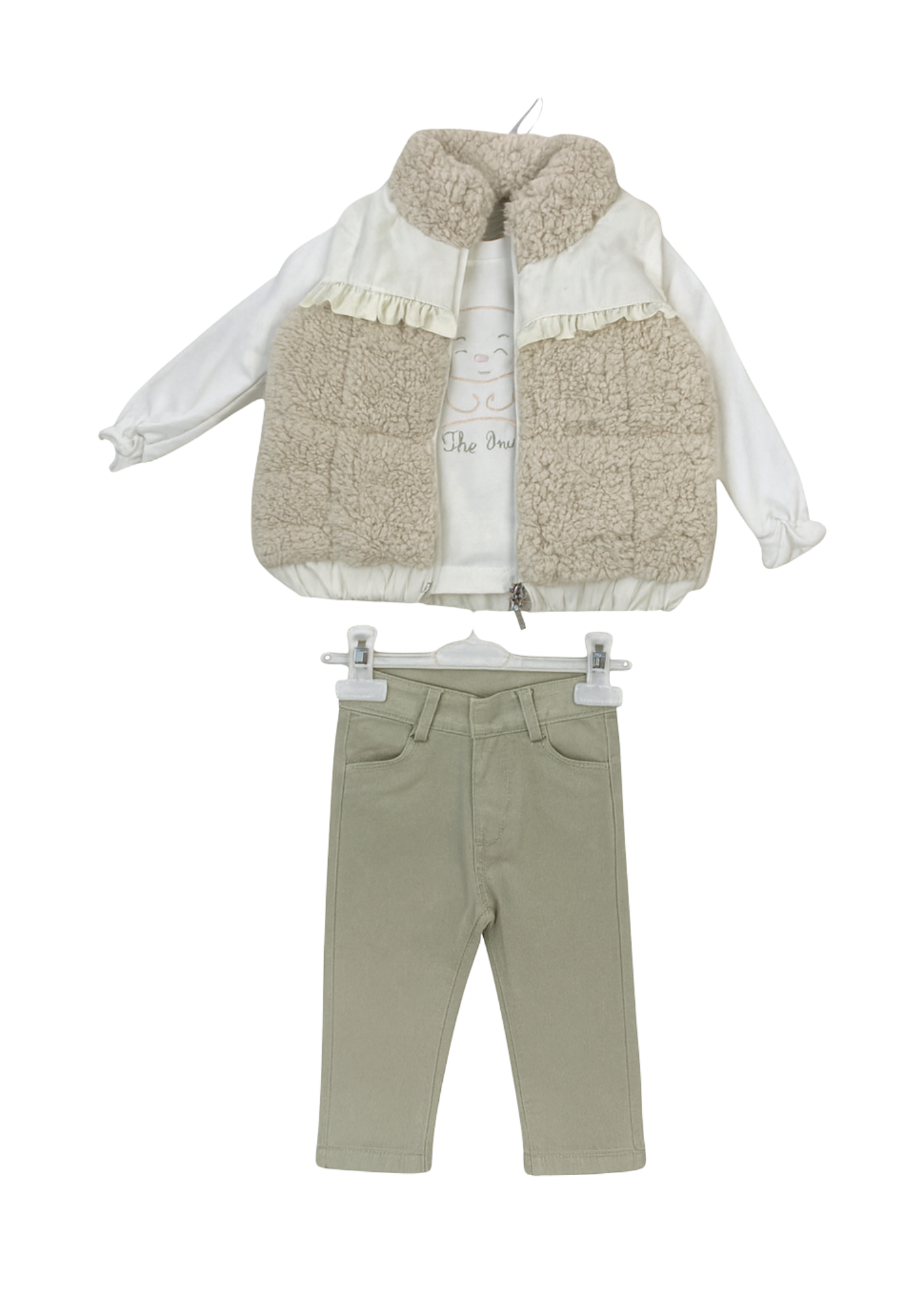 Set 3 Piese Vesta Crem din Plus Bluza Crem cu Urs si Pantaloni Denim Verzi Evazati 16461 Bebus