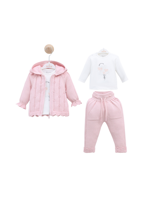 Set 3 Piese Tricotat Hanorac si Pantaloni Lungi Roz si Bluza Bumbac Alba cu Paiete 8016 Leo King