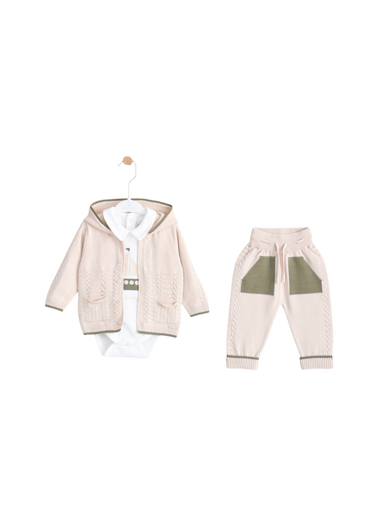 Set 3 Piese Hanorac si Pantaloni Tricotati Bej cu Verde si Body Alb cu Vapor 8519 Leo King