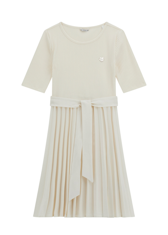 Cream Dress with Short Sleeves and Pleats J5YK23 RC1S0 G012 Guess