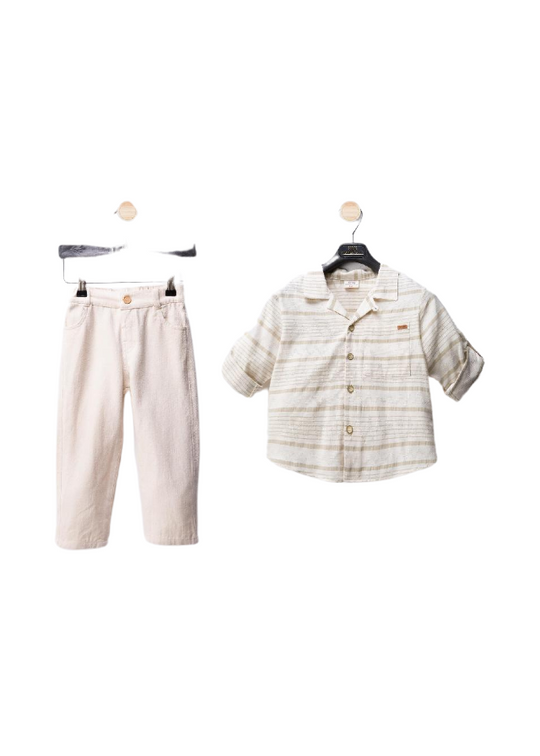 Set 2 Piese Camasa Crem cu Dungi Bleumarin si Pantaloni Lungi Bej M54177 Midimod Gold