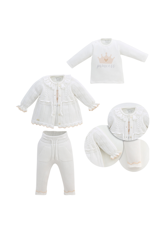 Set 3 Piese Cardigan si Pantaloni Tricotate Alb si Bluza din Bumbac 8557 Leo King