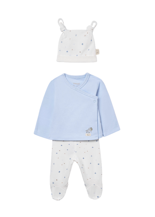 Set of 3 Pieces Party Blouse Pants and Hat Blue with Beige 9980 Mayoral