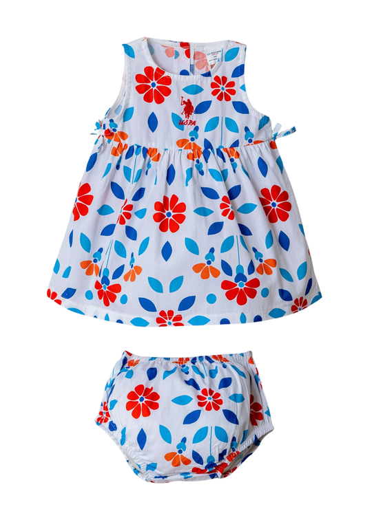 White Sleeveless Dress with Coral and Blue Floral Print and Bloomers USB3001 V1 Us Polo Assn