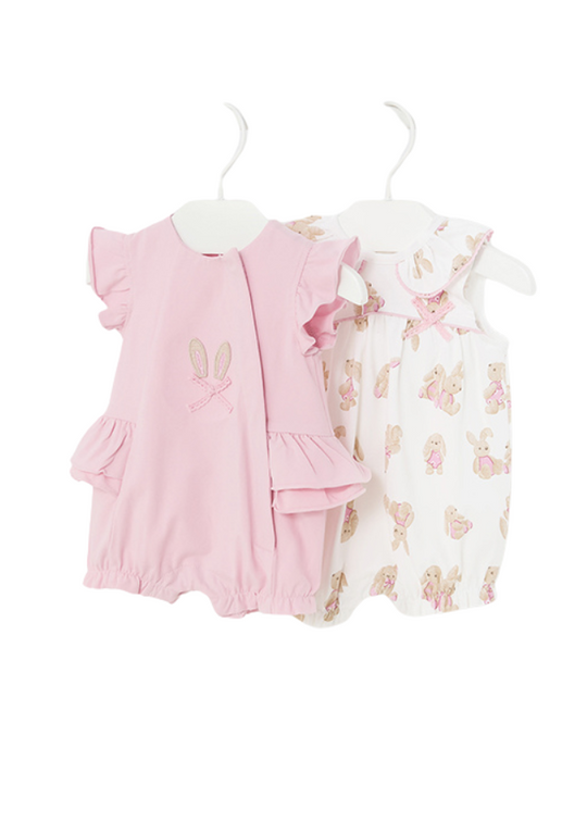 Set of 2 Overalls, White with Pink with Rabbits 1706 Mayoral