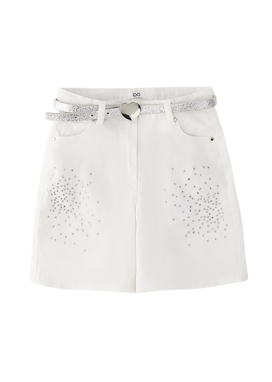 Pantaloni Scurti Albi cu Strasuri si Curea Argintie 4.G376/K1 iDO