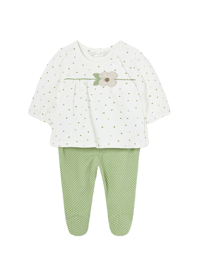 AnneBebe - Set 2 Piese, Bluza Alba cu Picouri si Pantaloni Verzi 1529 Mayoral