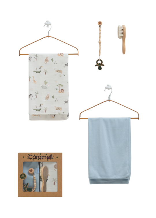 Set 4 Piese, Pled Muselina si Pled din Bumbac, Perie si Suport Suzeta Bleu BTU2468 Mell Sweet Baby