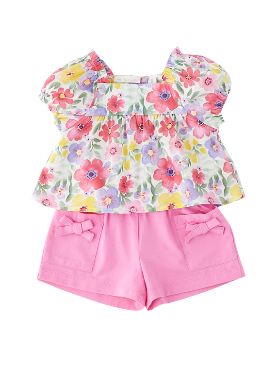 Set 2 Piese Top Imprimeu Flori Pantaloni Scurti Roz 3.G761/00 Minibanda