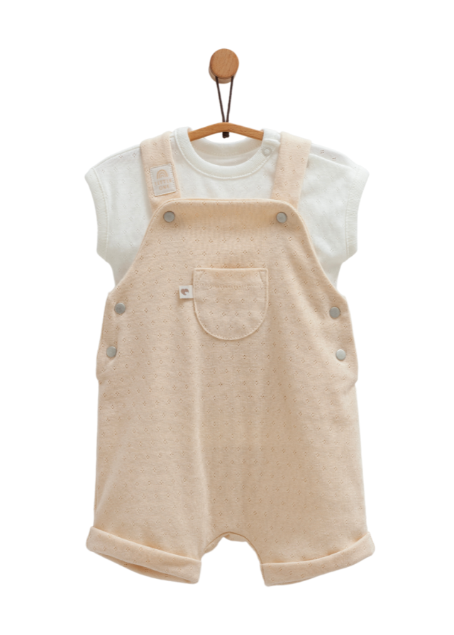 Set 2 Piese Salopeta Scurta Bej si Tricou Crem Move Boy SLE1712 Mell Sweet Baby