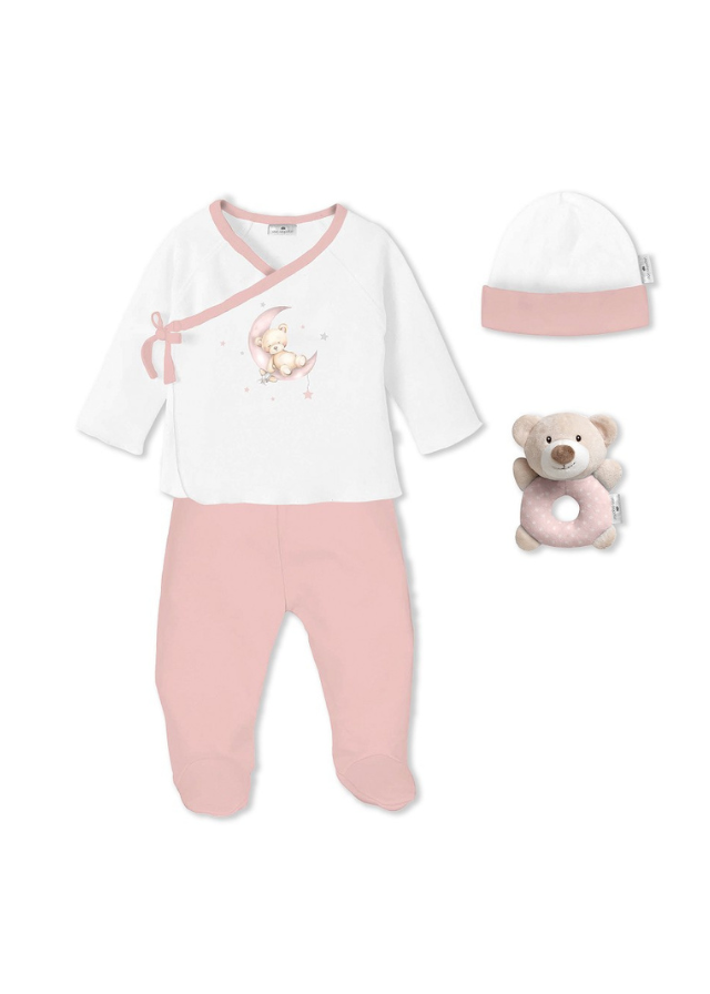 Set Nou Nascut 4 Piese Alb-Roz cu Ursulet pe Semiluna 0-6 luni DSET05-02 Interbaby