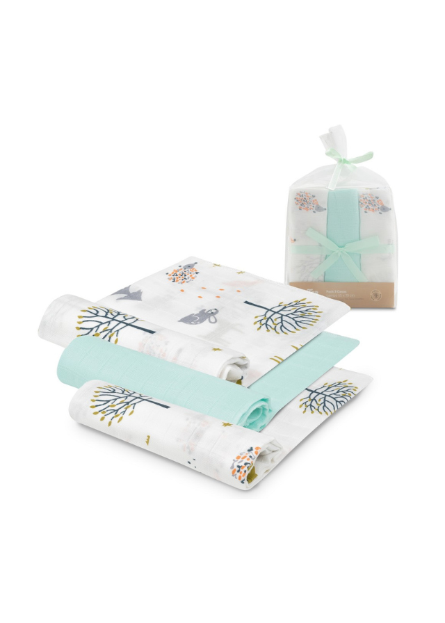 Set 3 Scutece Muselina din Bambus Alb-Verde Menta Imprimeu Copaci 55x70 cm 98975-58 Interbaby