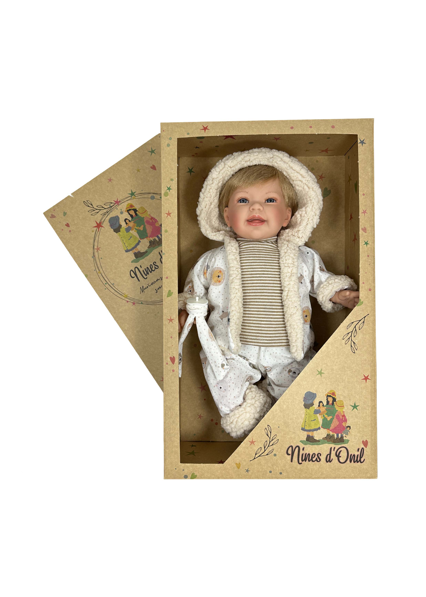 Papusa Parfumata Susi Blonda cu Mecanism, Pantaloni si Jacheta Alba Imprimeu Animale – 45 cm – 6703 – Nines