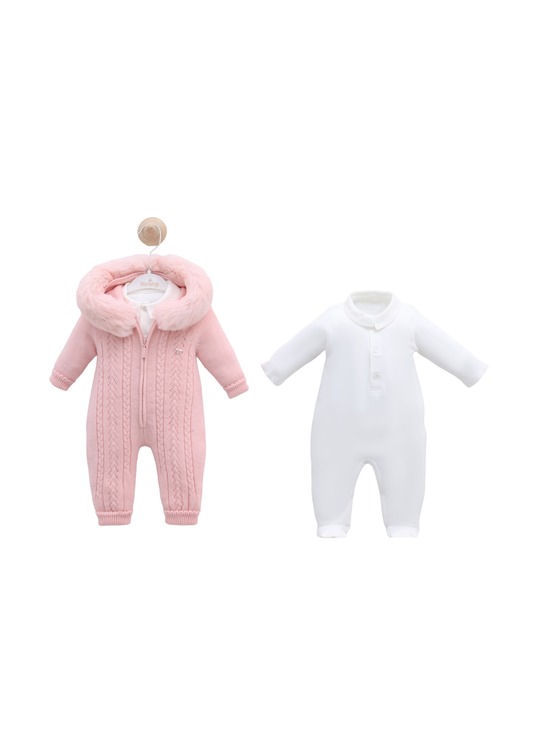 Set Salopeta Lunga Roz cu Lana Merinos cu Gluga si Blana si Salopeta Lunga Bumbac 9341 Leo King