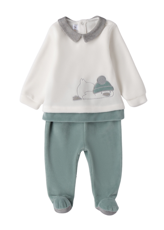 2 Piece Velvet Set Cream Blouse and Pants with Green Penguin 3.F639/00 Minibanda