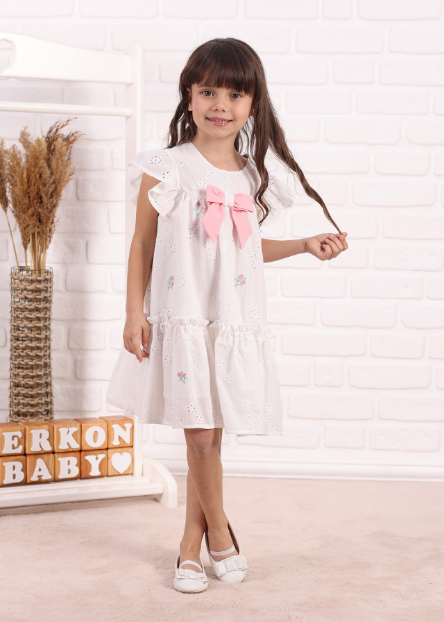 Rochie Alba Broderie din Bumbac cu Funda Roz 756 Connie Baby